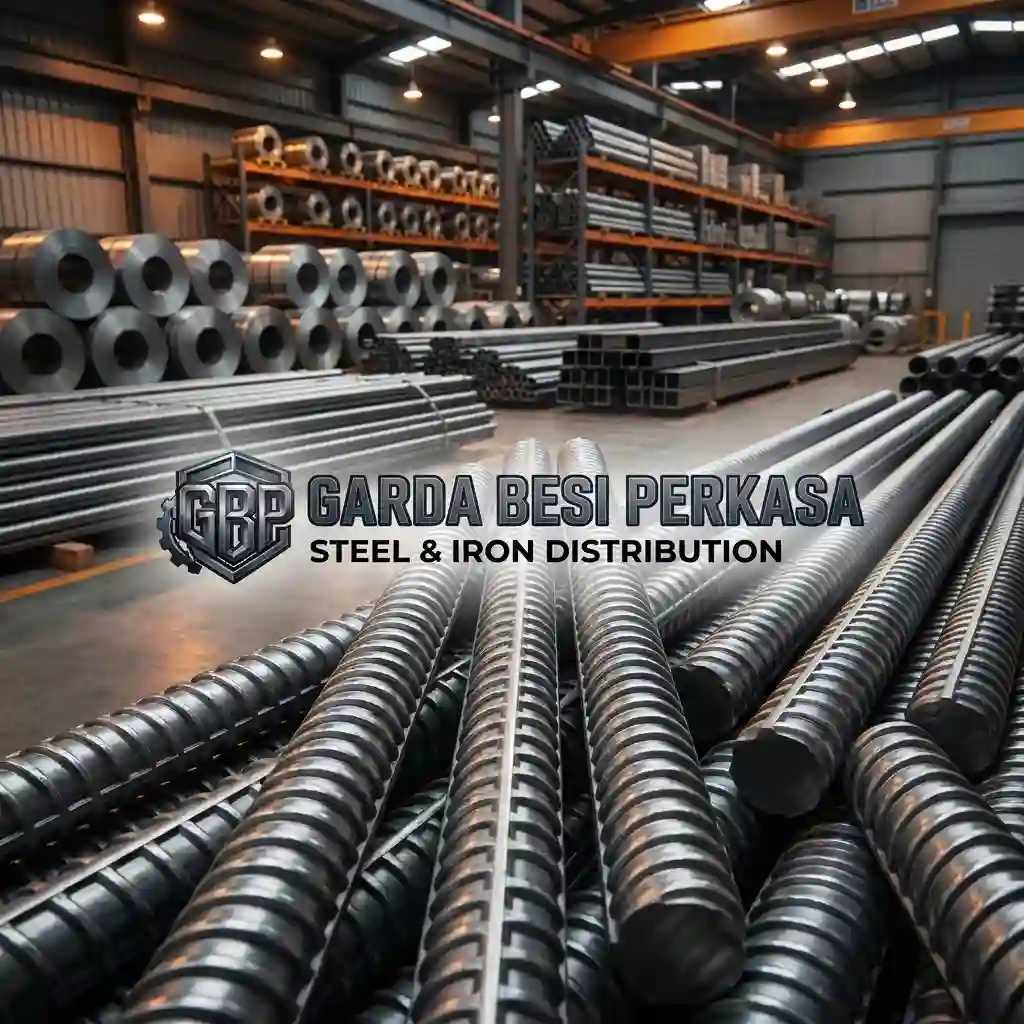 Tumpukan stok besi beton ulir SNI berbagai ukuran di gudang distributor Garda Besi Perkasa.