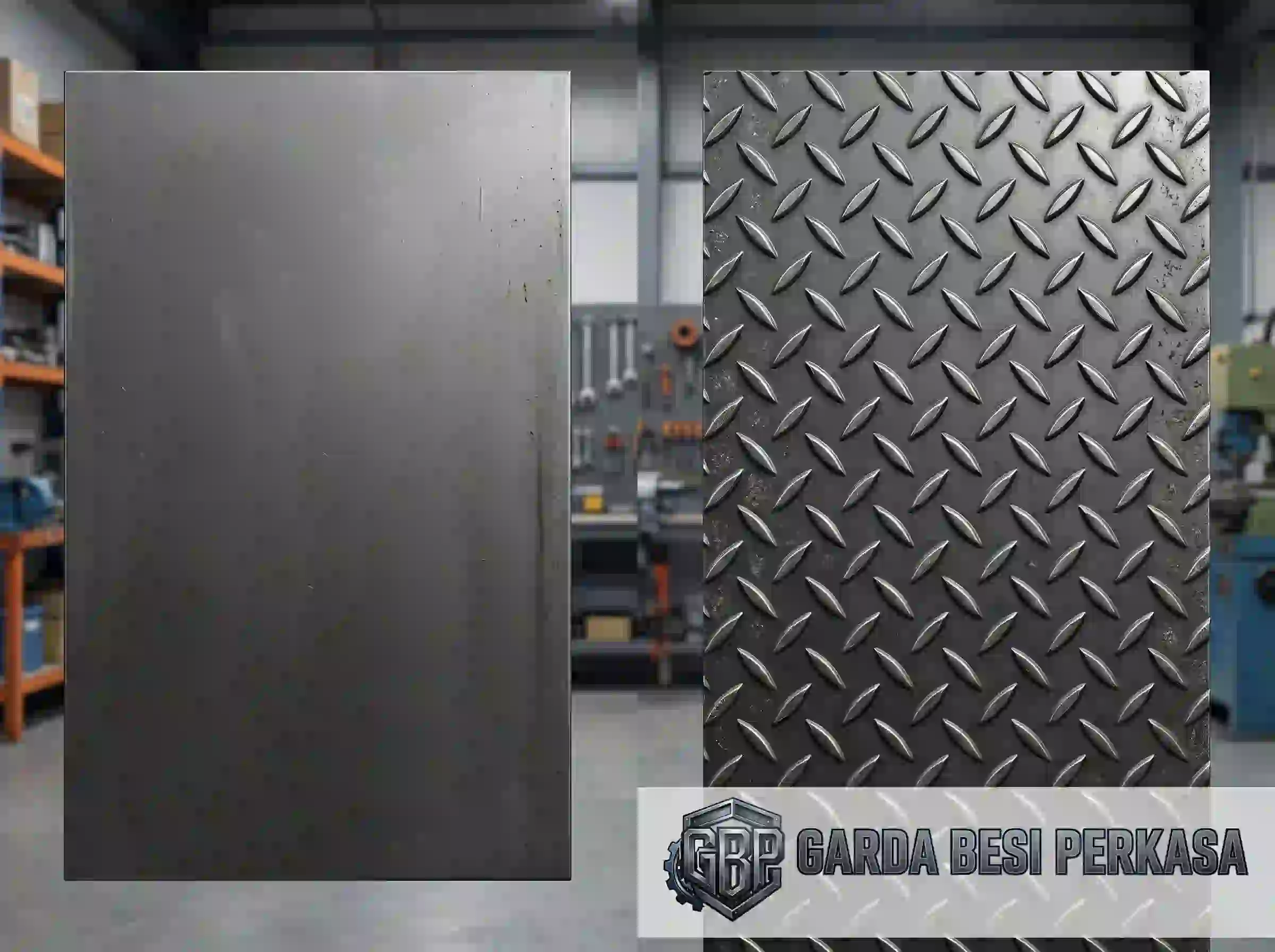 Perbandingan permukaan plat besi polos dan plat bordes dengan motif kembang anti-slip